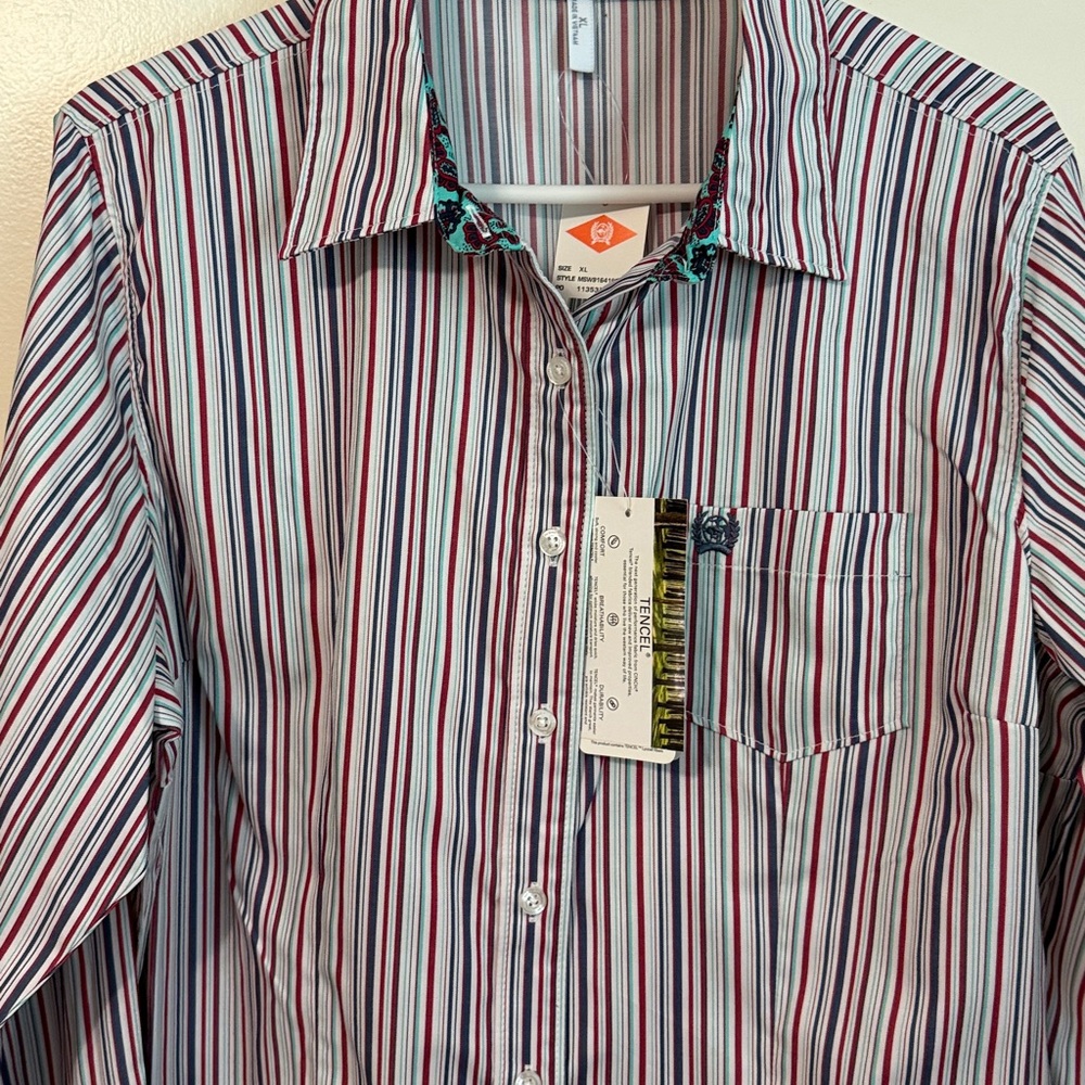 NWT Cinch Tencel Women's Striped Button-Up Shirt - Red, Blue, White - Picture 5 of 16